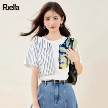 拉夏贝尔Puella2025年夏季圆领上衣装宽松洋气设计感打底衫T恤女