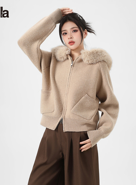 拉夏贝尔Puella2025年春装新款加厚保暖开衫毛衣连帽百搭外套女