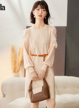 拉夏贝尔Puella港风复古轻熟风木耳边新款气质女神范高级感连衣裙