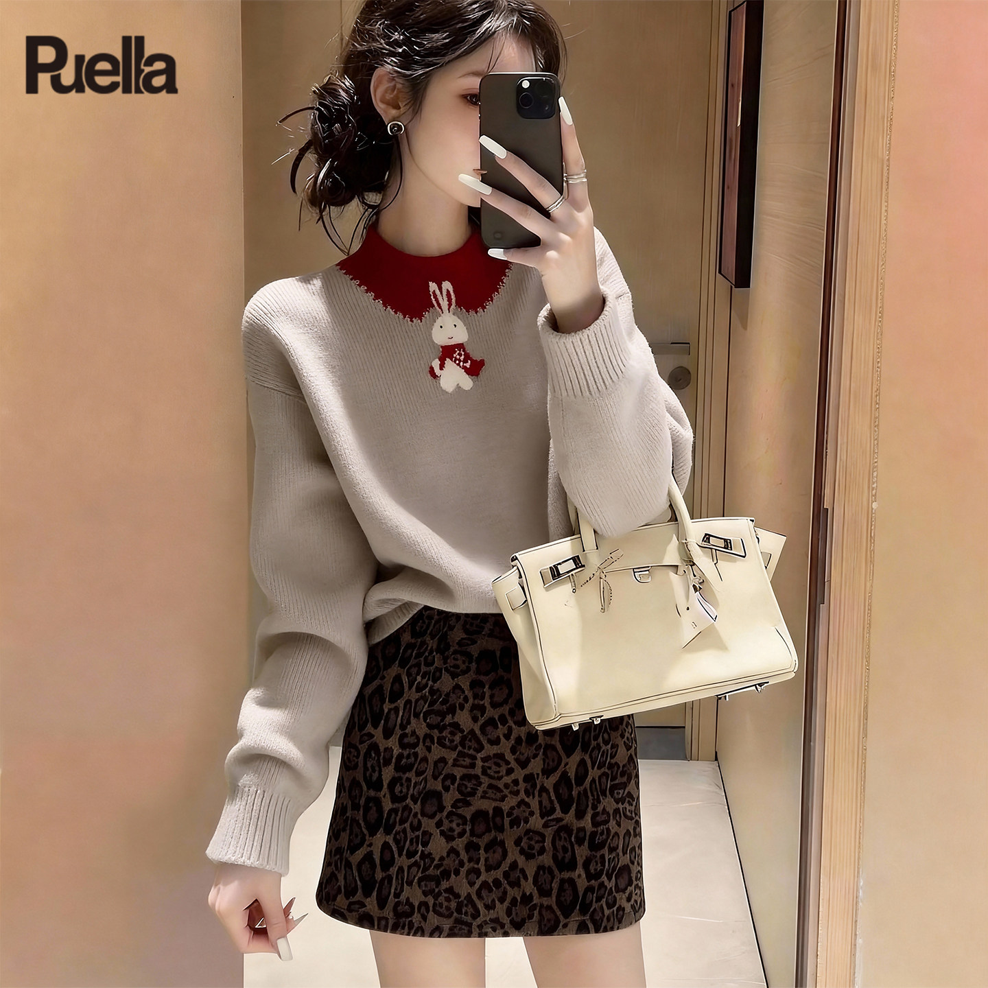 拉夏贝尔Puella2025年冬季时尚红灰色拼接小兔子保暖显瘦针织毛衣,女装/女士精品,羊绒衫,淘宝优惠券,粉丝福利购,淘宝优惠卷