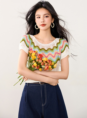 拉夏贝尔2025年夏季新款别致镂空设计感洋气针织短袖T恤女