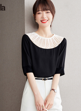 拉夏贝尔Puella法式设计感圆领简约气质衬衣女装显瘦雪纺镂空上衣