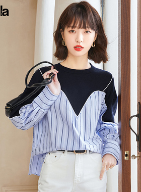 拉夏贝尔Puella圆领直筒条纹衬衫拼接卫衣女士秋季款宽松显瘦百搭