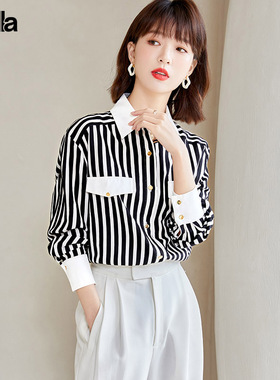 拉夏贝尔Puella春装季撞色POLO领气质衬衣女通勤百搭宽松条纹衬衫