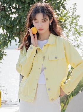 拉夏贝尔Puella淡黄色翻领小清新小个子气质牛仔外套女2025年春装