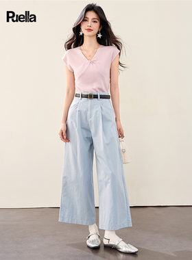 拉夏贝尔2025年夏季新款宽松显瘦百搭休闲裤高腰简约阔腿裤