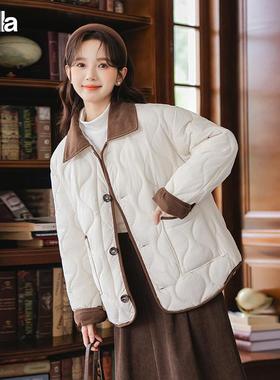 拉夏贝尔Puella春装季保暖外套女韩版撞色翻领菱格面包服棉服上衣