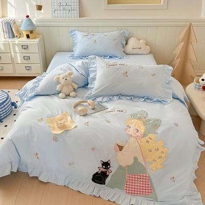 全棉公主风花边床单四件套纯棉绣花天蓝色被套儿童三件套民宿床品