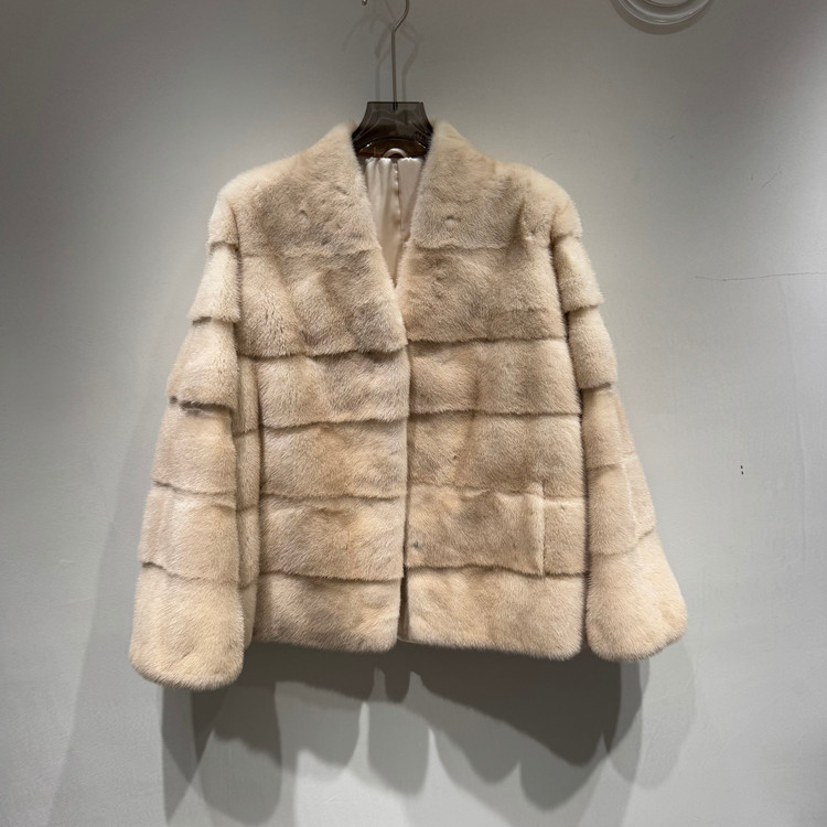 欧洲站V领横排进口水貂皮草外套