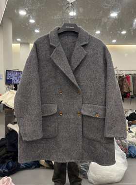 欧洲站2025冬季新款时尚翻领纯色双排扣宽松羊毛大衣外套女款欧货
