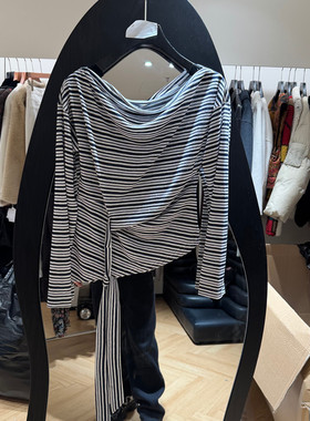 欧洲站2026春季新款时尚一字领条纹绑带长袖T恤女款欧货上衣80029