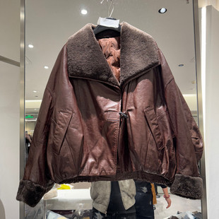 纯色皮毛一体外套女款 欧洲站2025冬季 翻领长袖 时尚 欧货潮2558 新款