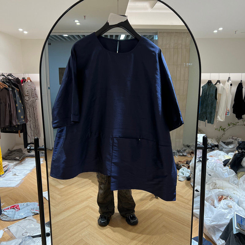 欧洲站2026早夏新款圆领蚕丝宽松大口袋工装五分袖T恤女欧货7115