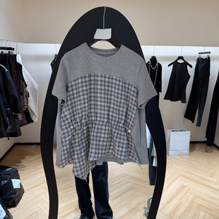 T恤女款 圆领格子拼接假两件收腰短袖 欧货80032 新款 欧洲站2026春季