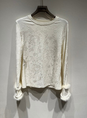 欧洲站2025冬季新款时尚圆领水豹毛提花长袖加绒T恤女款欧货25909