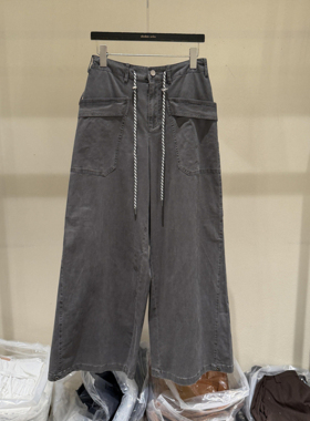 欧洲站2026春季新款时尚高腰抽绳工装风阔腿牛仔裤女款欧货1202