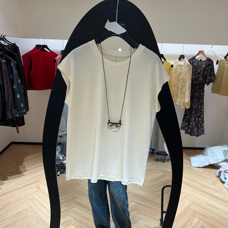 欧洲站2026早夏新款时尚圆领纯色眼镜项链无袖T恤女款欧货9967