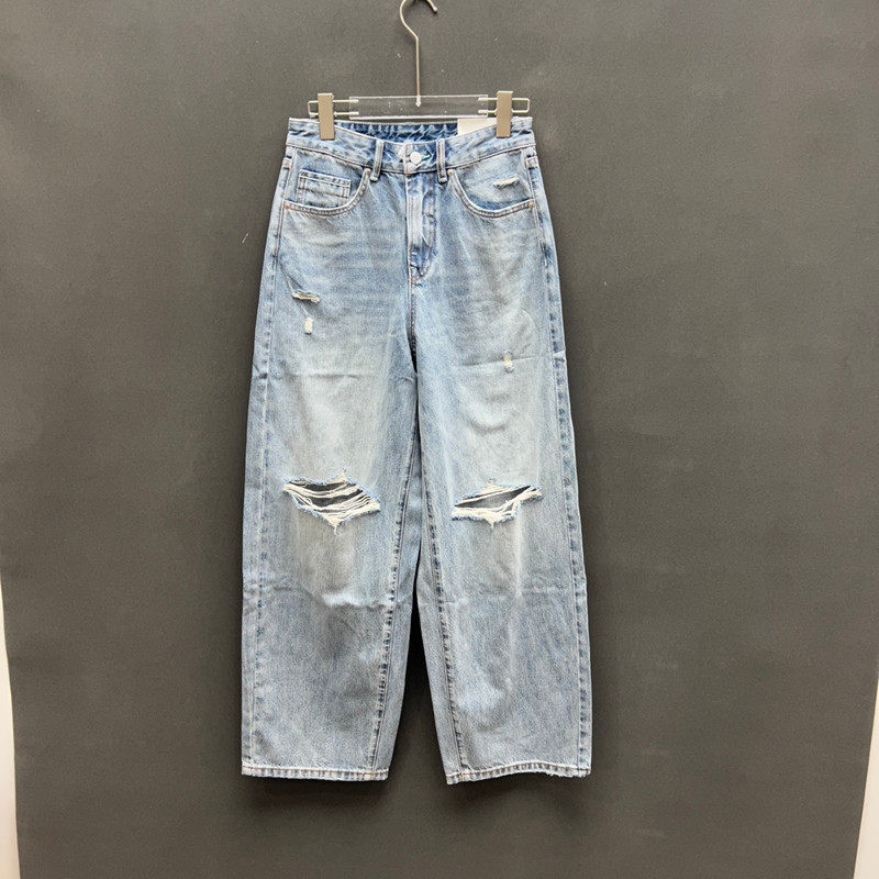 欧洲站2026早夏新款时尚高腰宽松破洞直筒牛仔裤女款欧货
