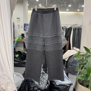 女款 欧洲站2025冬季 高腰蕾丝网纱拼接假两件休闲裙裤 时尚 欧货 新款