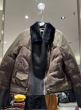 欧洲站2025冬季新款时尚翻领长袖拼接宽松鹅绒外套女款欧货81081