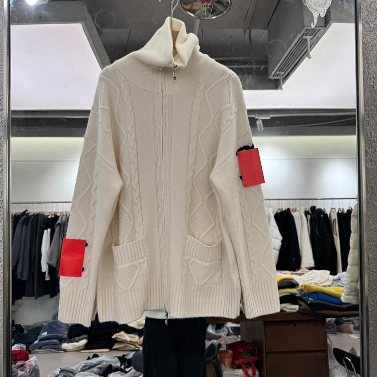 欧洲站高领拉链菱格羊绒开衫女款