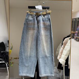 显瘦长裤 女复古做旧阔腿裤 25225 高腰弯刀牛仔裤 欧洲站2025冬新款
