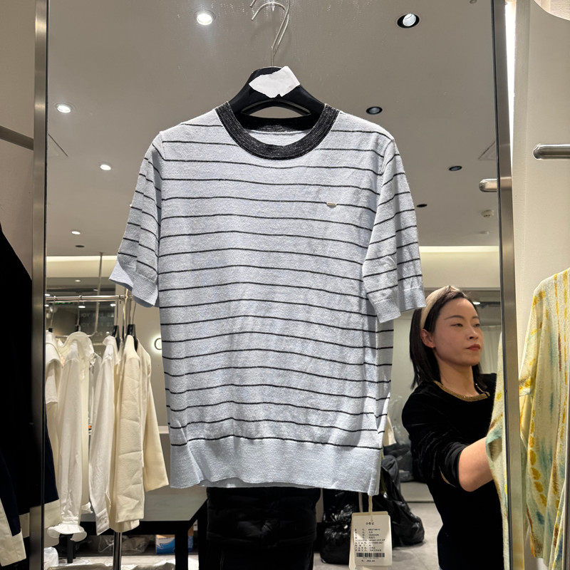 欧洲站2026春季新款时尚圆领撞死条纹短袖针织衫女款欧货M010