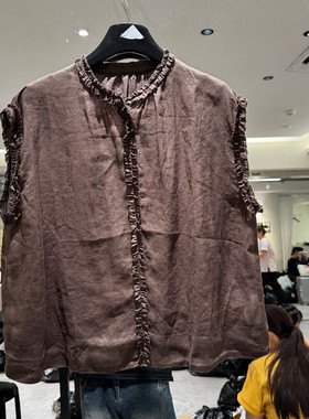 欧洲站2026夏季新款时尚立领苎麻木耳边无袖衬衫女款欧货0116