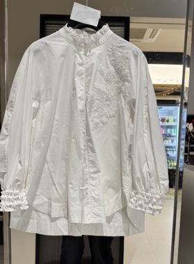 欧洲站2025冬新款刺绣衬衫女立领中长款宽松文艺小衫蕾丝上衣2792
