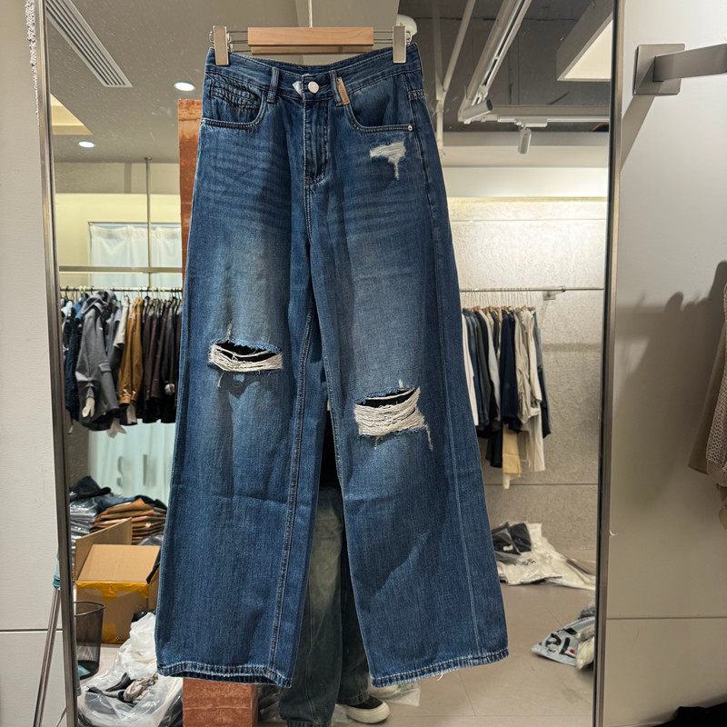 欧洲站2026早夏新款时尚高腰破洞宽松阔腿牛仔裤女款欧货
