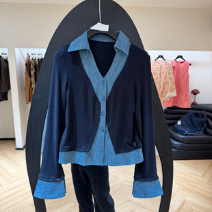 欧洲站2026春季新款时尚翻领学院风假两件撞色外套女款欧货91375