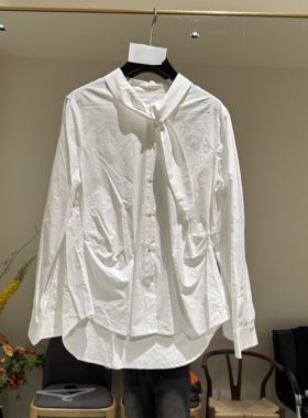 欧洲站2025冬新款设计感飘带衬衫长袖宽松显瘦气质叠穿衬衣23817