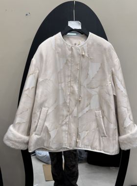 欧洲站2025冬季新款时尚圆领长袖印花水貂毛袖口短款外套女99159