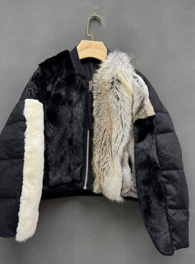 欧洲站2025冬季新款时尚圆领狐狸毛拼接水豹毛鹅绒外套女款欧货