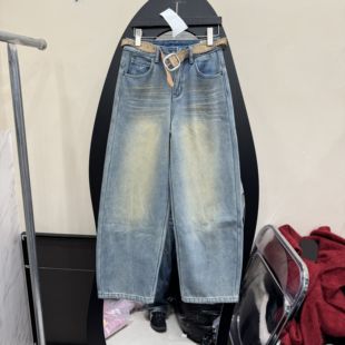 25225 女宽松显瘦百搭长裤 欧洲站2025年冬新款 复古高腰直筒牛仔裤