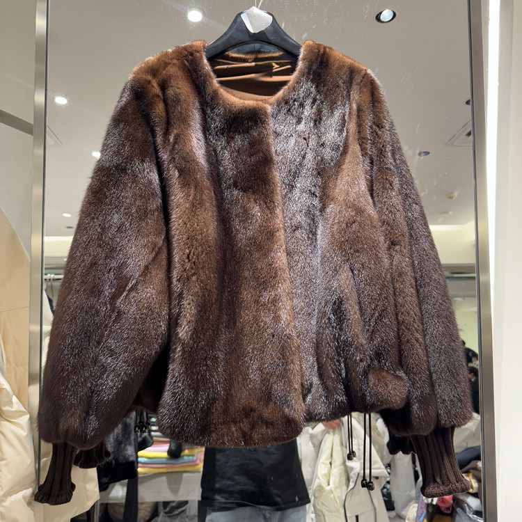欧洲站圆领长袖水貂毛皮草外套女