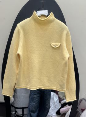 欧洲站2025年冬新款半高领黄色针织衫女百搭显瘦口袋装饰毛衣2969