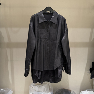 欧洲站2026春季新款时尚翻领不规则假两件羊皮风衣外套女款欧货