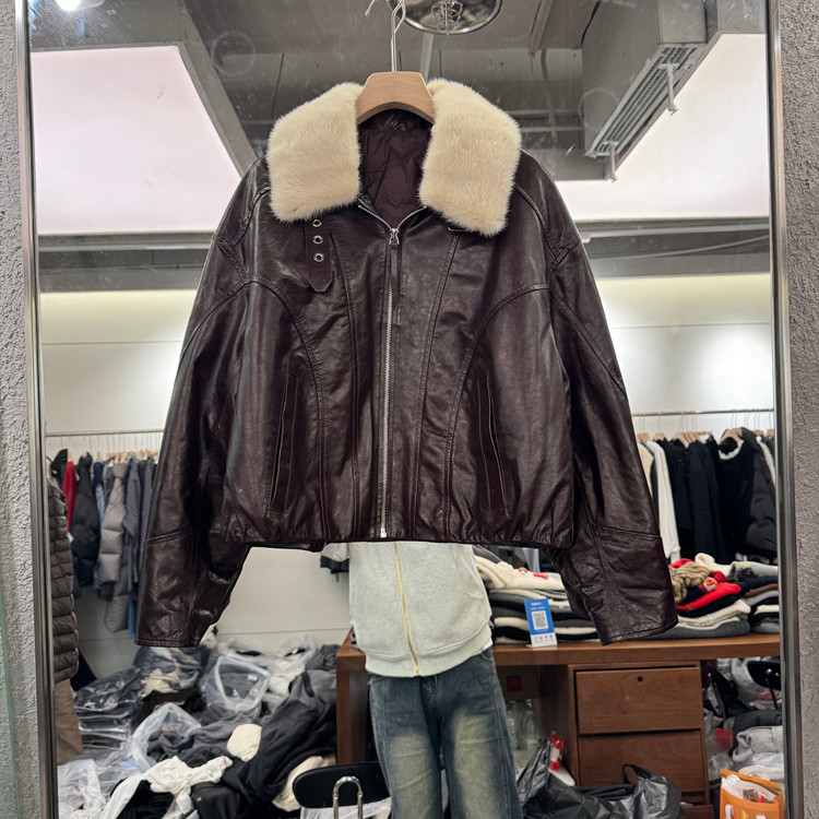 欧洲站翻毛领羊皮鹅绒皮衣外套女