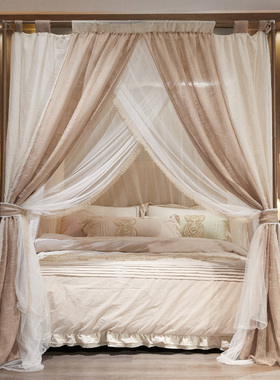 家用亚麻双层宫廷落地式蚊帐三开门加密加厚遮光防尘卧室民俗床幔