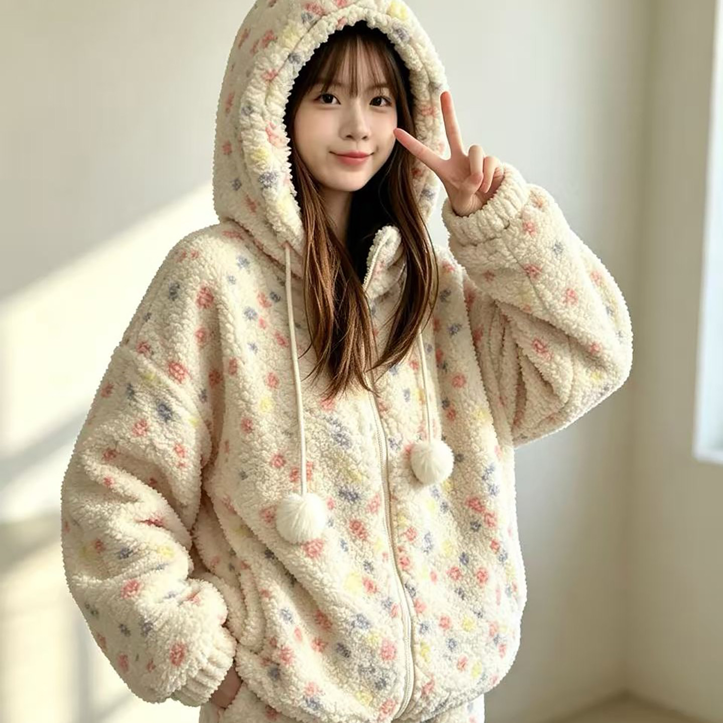 秋冬加厚珊瑚绒女连帽家居服套装