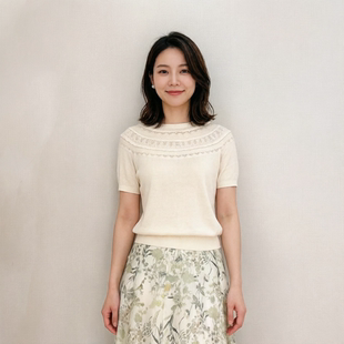 特莱维格娜丝 2026夏季新款  云肩花边米杏色短袖针织衫套头衫