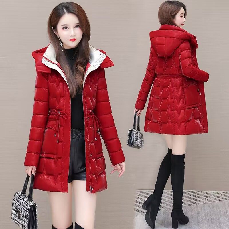 珠光炫彩棉衣女中长款冬季新款免洗亮面修身显瘦羽绒棉服时尚棉袄