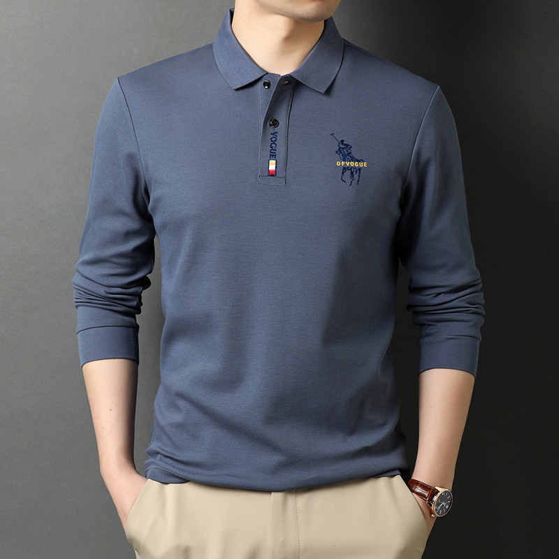 SPRING AND AUTUMN PURE COTTON POLO SHIRT MENS THICK LONG-SLEEVED HIGH-END T-SHIRT LAPEL EMBROIDERY MIDDLE-AGED DAD LED LARGE SIZE A
