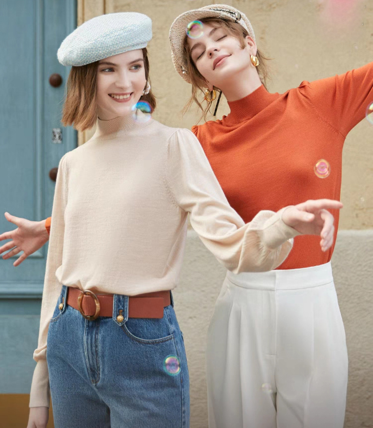 白领哥弟新2023秋季半高领金属扣羊毛衫泡泡袖针织衫女A301328