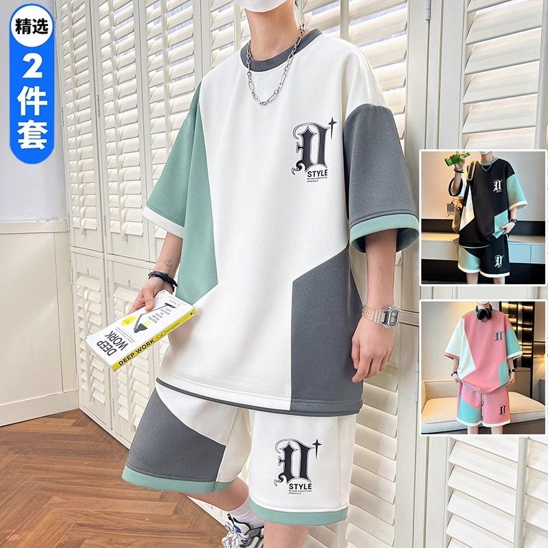 短袖t恤男青少年夏季潮牌大码T学生衣服搭配帅气休闲运动一套装