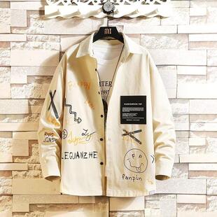 设计感小众痞帅日系衬衣夏天防晒外套 高级感春秋季 涂鸦衬衫 男长袖