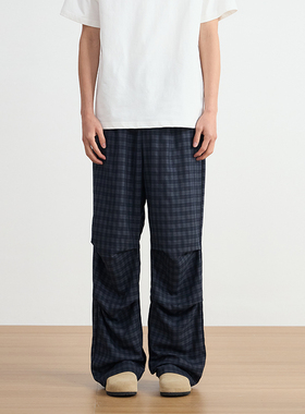 NSEEKE美式复古格子垂感慵懒风直筒裤宽松伞兵纹休闲裤子男阔腿裤