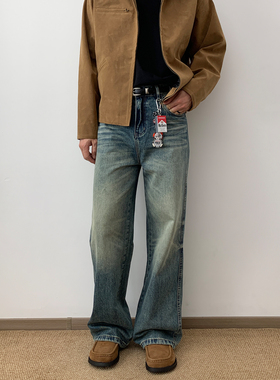 NSEEKE美式复古2021M牛仔裤男款猫须宽松阔腿直筒长裤子vintage潮