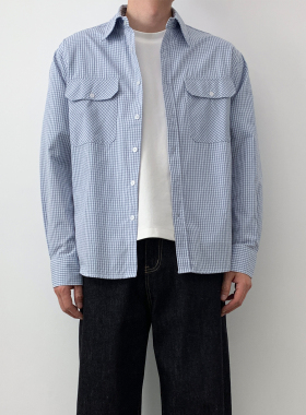 NSEEKE美式春秋季复古蓝色格子衬衫长袖男高级感休闲宽松衬衣外套